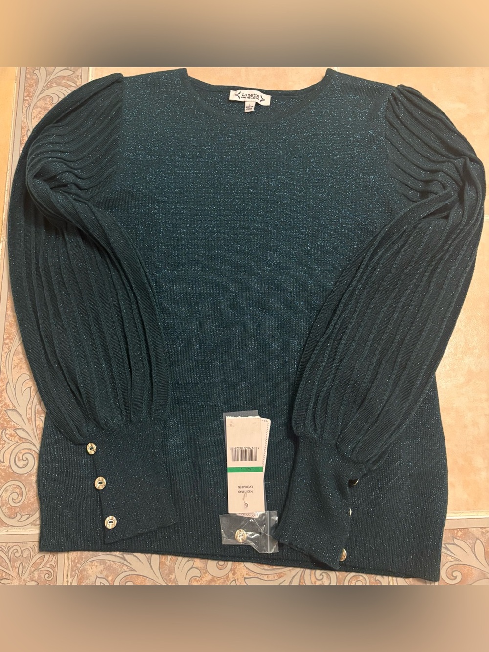 Nanette Lepore Dark Green Shimmer Pleat-Sleeve Crewneck Sweater Size L NWT!!!!